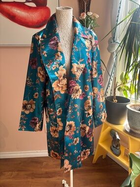 Teal Floral Print Satin Duster Kimono Jacket – Vintage Style Robe